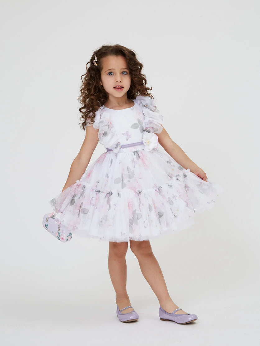 Monnalisa Girls Floral Tulle Dress In White 2 Monnalisa Girls Floral Tulle Dress In White - Image 2