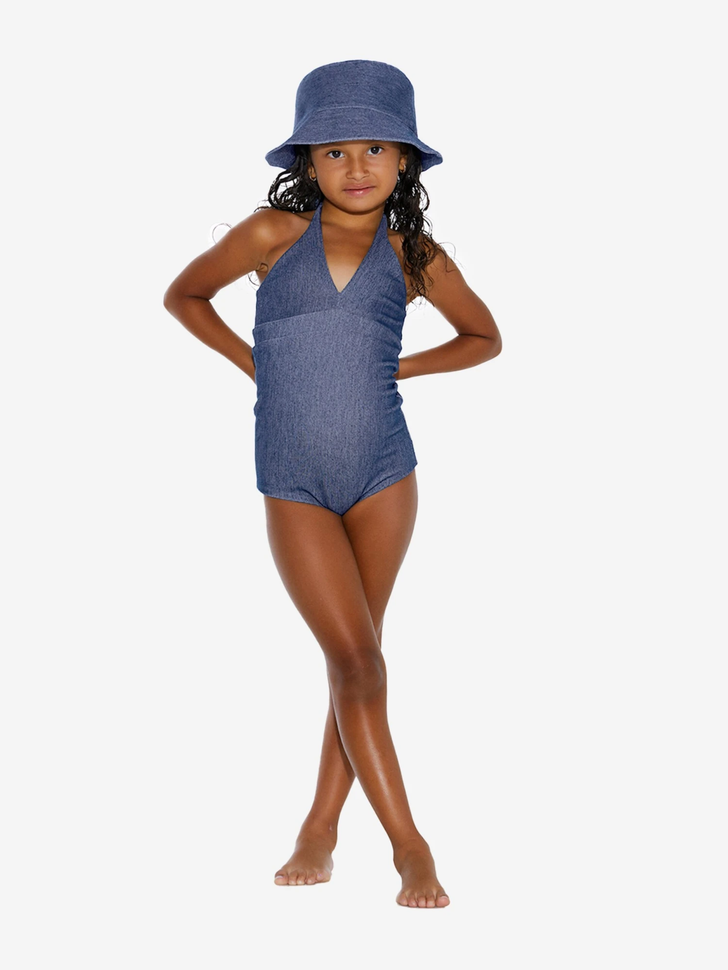 Girls Denim Look Halterneck Swimsuit In Blue 2 Girls Denim Look Halterneck Swimsuit In Blue - Image 2