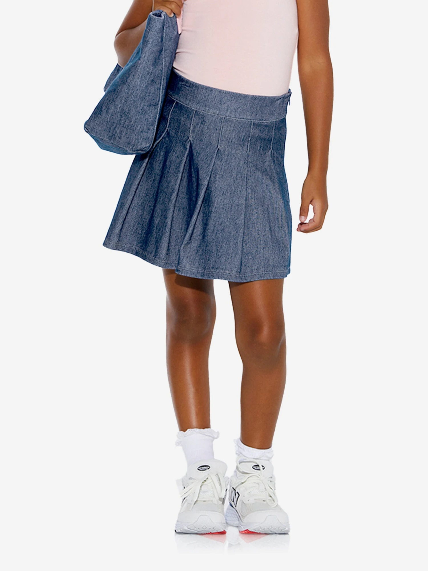 Girls Denim Look Pleated Mini Skirt In Blue 2 Girls Denim Look Pleated Mini Skirt In Blue - Image 2