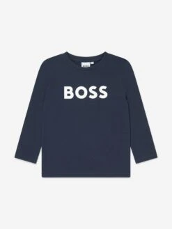 Boss Boys Long Sleeve Logo T-Shirt In Navy