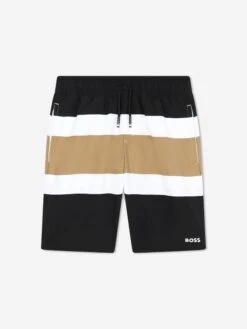 Boss Boys Striped Swim Shorts In Black