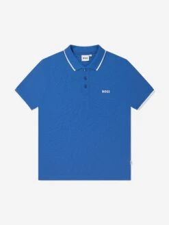 Boss Boys Logo Print Polo Shirt In Blue