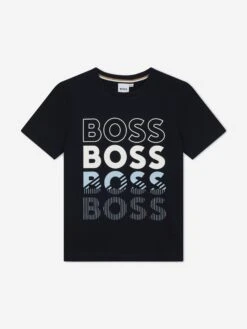 Boss Boys Multi Logo Print T-Shirt In Navy