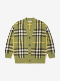 Kids Wool Check Cardigan In Green