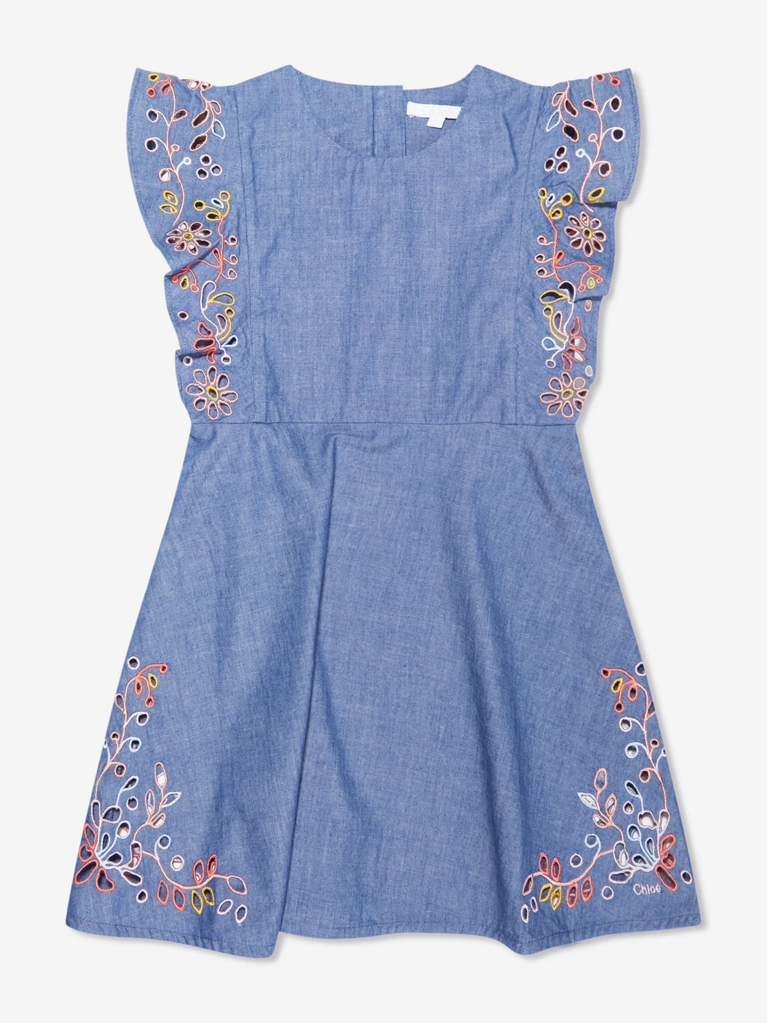 Chloé Girls Embroidered Chambray Dress In Blue 1 Chloé Girls Embroidered Chambray Dress In Blue