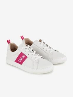 Chloé Girls Leather Logo Trainers In Ivory 8 Chloé Girls Leather Logo Trainers In Ivory -Childrens Clothing Store CHLS4062 OFFWHITE 3