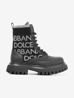 Boys Leather Logo Combat Boots In Black