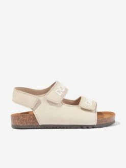 Kids Leather Embroidered Logo Sandals In Beige