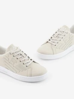 EA7 Emporio Armani Kids Leather Logo Trainers In Beige 8 EA7 Emporio Armani Kids Leather Logo Trainers In Beige -Childrens Clothing Store EA7S4094 RAINY DAY WHITE 3