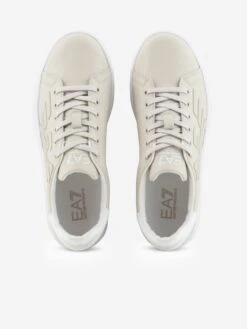 EA7 Emporio Armani Kids Leather Logo Trainers In Beige 9 EA7 Emporio Armani Kids Leather Logo Trainers In Beige -Childrens Clothing Store EA7S4094 RAINY DAY WHITE 4