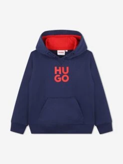 Hugo Boys Logo Print Hoodie In Navy