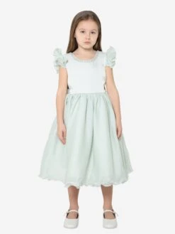 Girls Ruffle Detail A Line Dress In Green