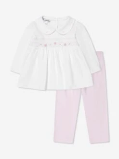 Baby Girls Smocked Collared Trouser Set In Pink