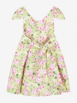 Girls Flower Print Dress With Belt In Yellow