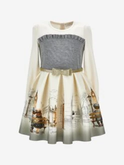 Monnalisa Girls Neoprene Romantic London Dress In Ivory
