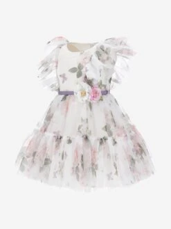 Monnalisa Girls Floral Tulle Dress In White 8 Monnalisa Girls Floral Tulle Dress In White -Childrens Clothing Store MLSS4091 BIANCO 3