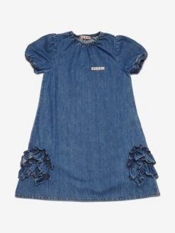 Girls Denim Ruffle Dress In Blue