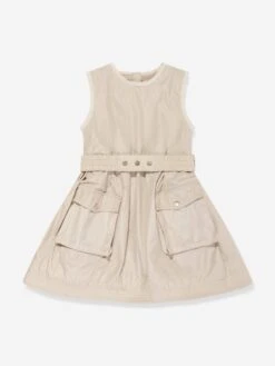 Girls Sleeveless Pocket Dress In Beige