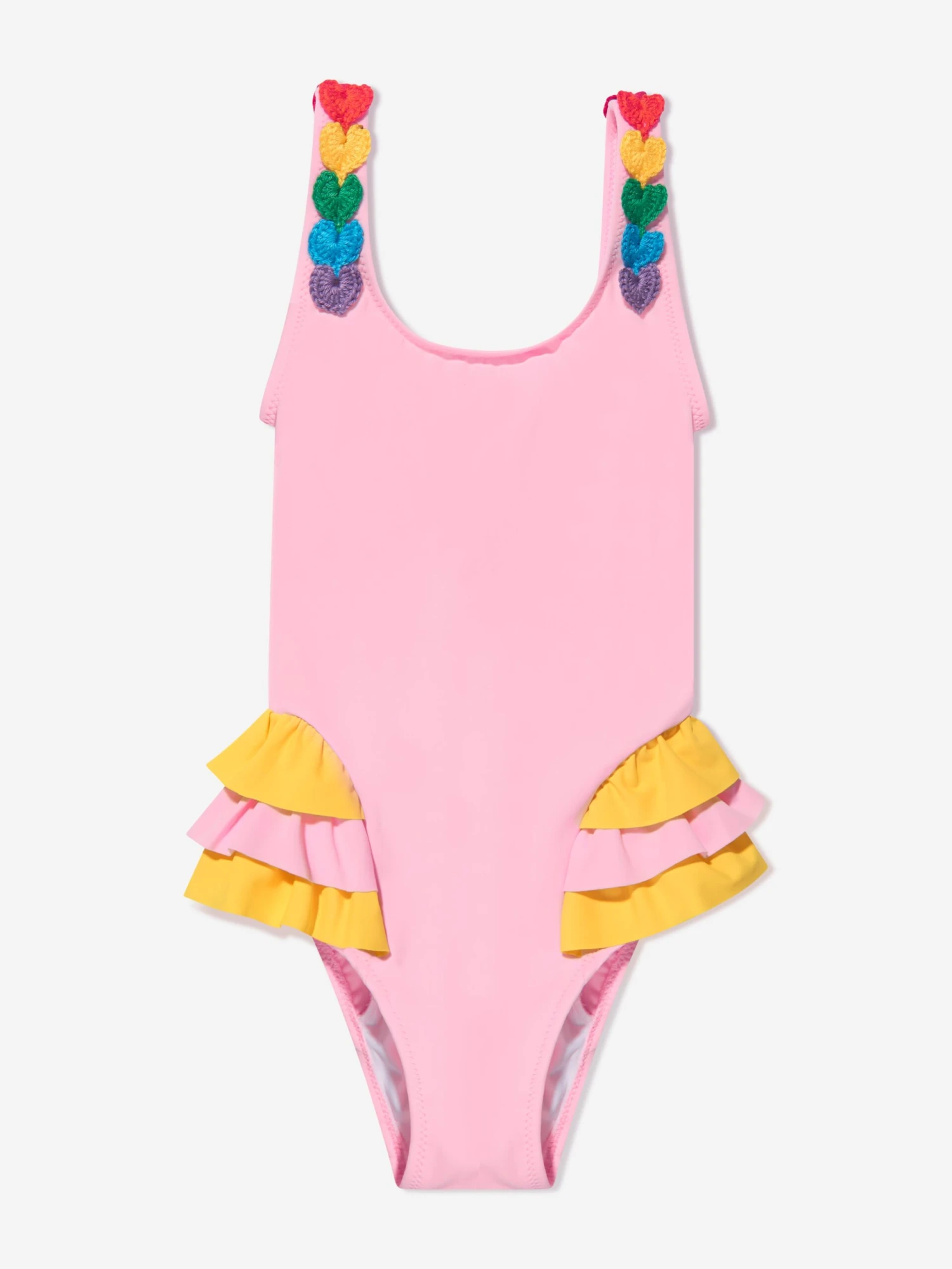 Girls Frilled Crochet Heart Rosa Swimsuit In Pink 1 Girls Frilled Crochet Heart Rosa Swimsuit In Pink