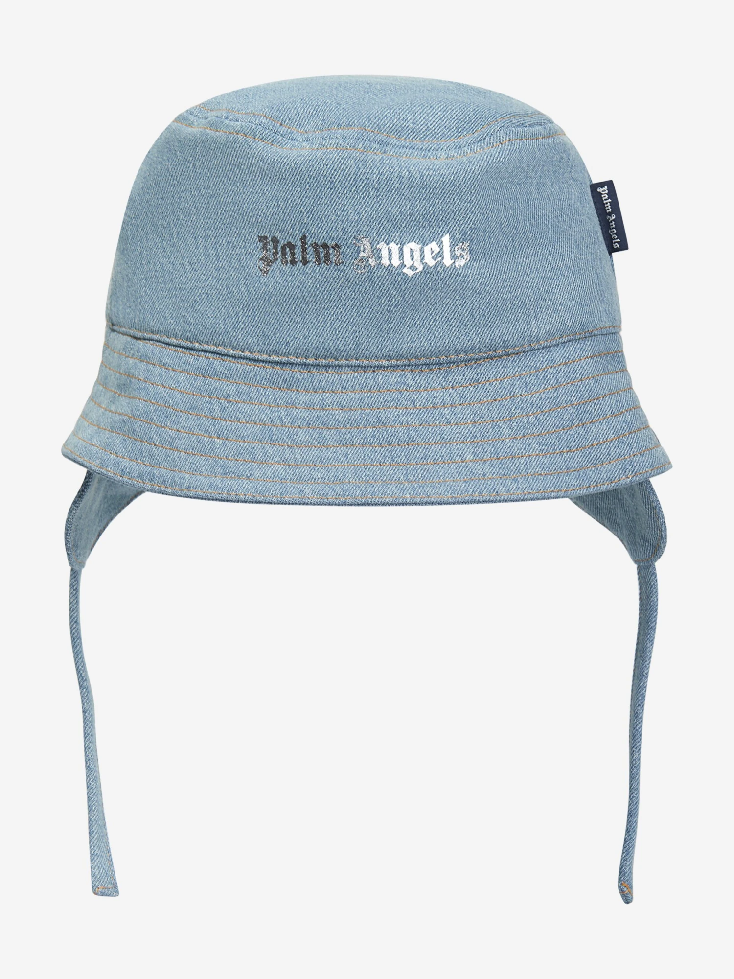 Palm Angels Boys Logo Stone Denim Bucket Hat In Blue 1 Palm Angels Boys Logo Stone Denim Bucket Hat In Blue