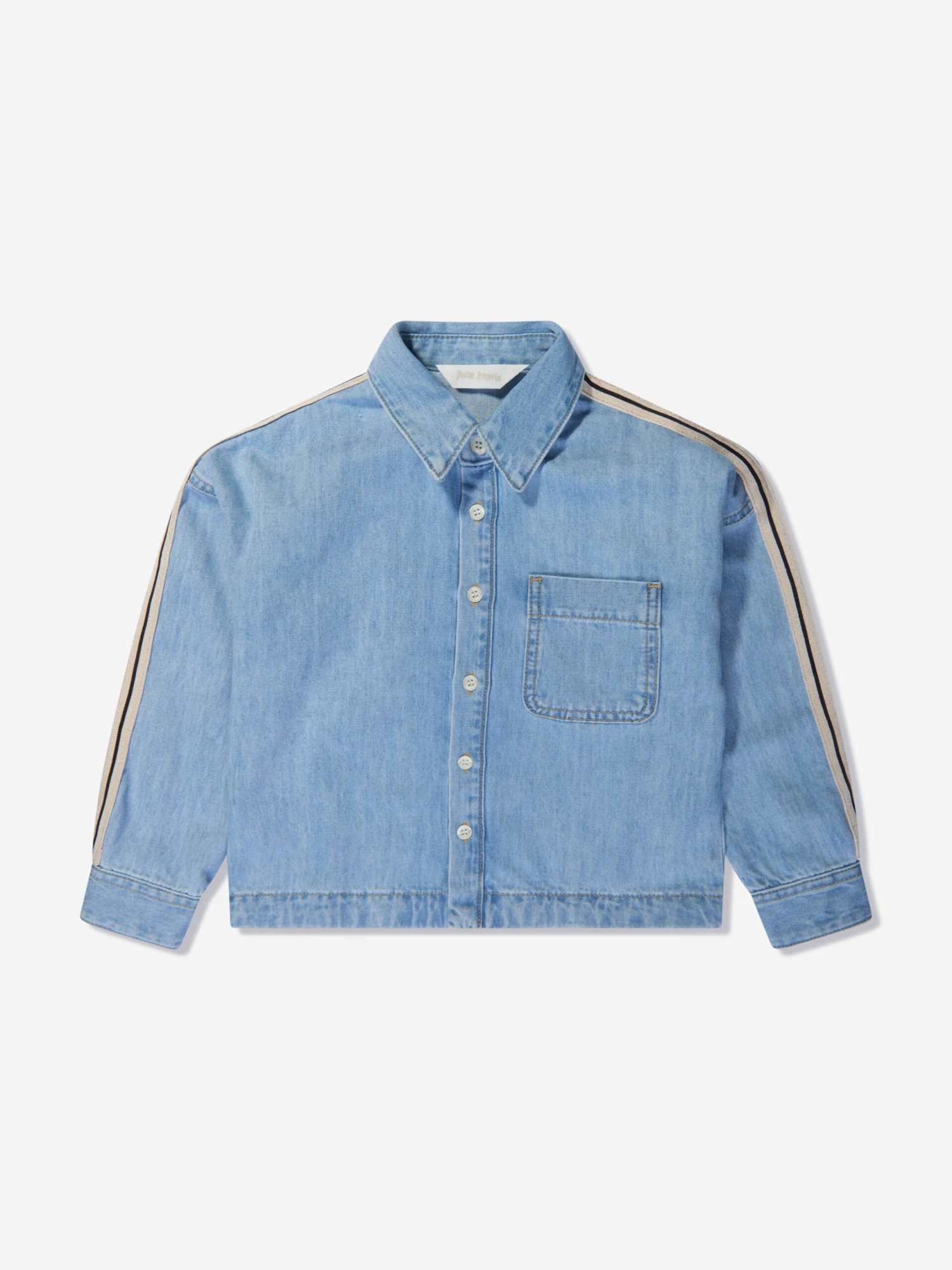 Palm Angels Boys Track Chambray Oversized Shirt In Blue 1 Palm Angels Boys Track Chambray Oversized Shirt In Blue