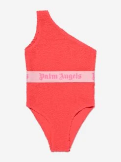 Palm Angels Girls Logo Band One Shoulder Swimsuit In Red