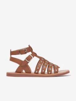 Pom D'Api Girls Leather Plagette Stud Sandals In Camel