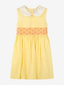 Girls Pinstripe Smocked Dress In Yellow