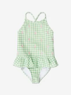 Girls Gingham Logo Swimsuit In Green