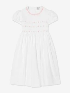 Girls Hand Smocked Flower Dress In Ivory