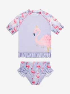 Girls Flamingo Rash Guard And Shorts (UPF50+) In Purple