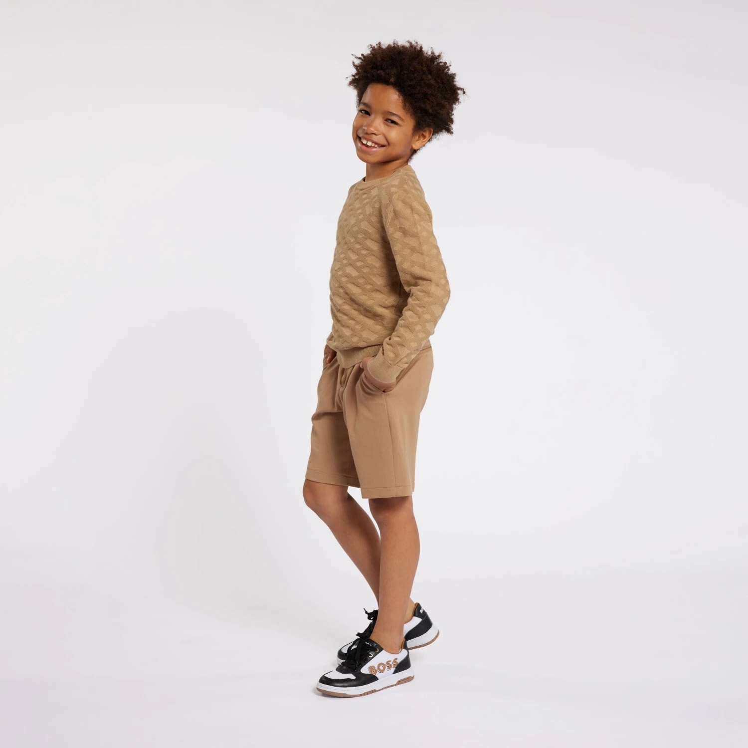 Boss Boys Knitted Monogram Jumper In Beige 2 Boss Boys Knitted Monogram Jumper In Beige - Image 2