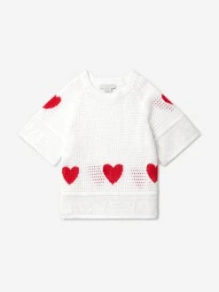 Girls Crochet Heart T-Shirt In Ivory