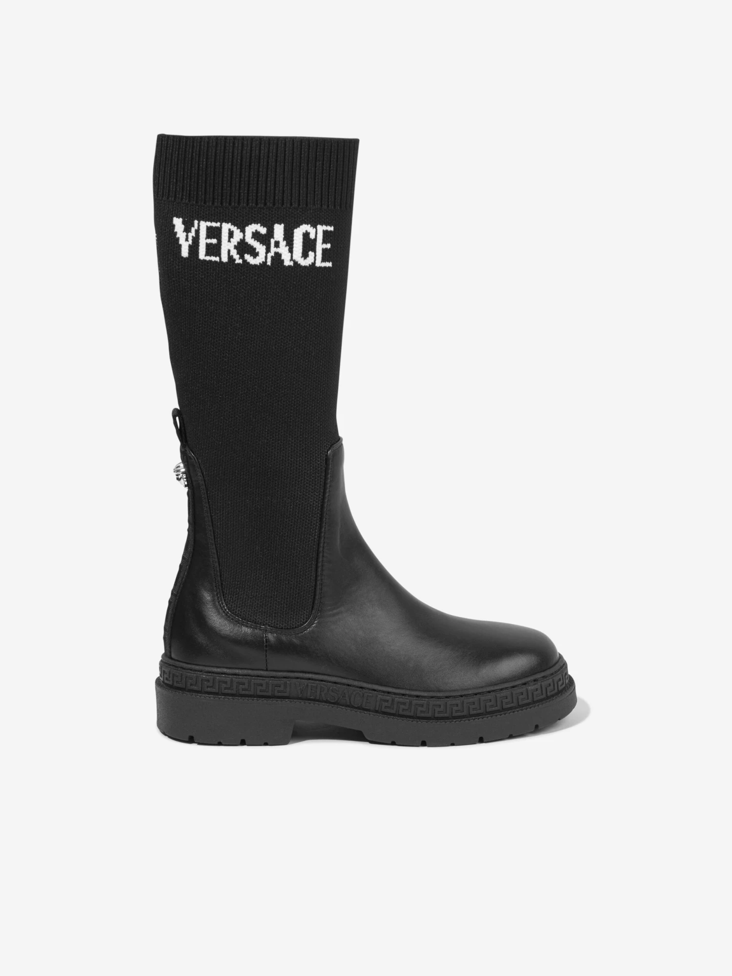 Versace Girls Leather Logo Boots In Black 1 Versace Girls Leather Logo Boots In Black