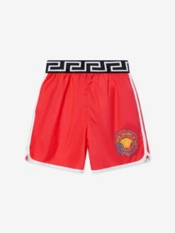 Versace Boys Anchor Crest Swim Shorts In Red