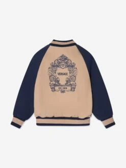 Versace Boys Embroidered Logo Bomber Jacket In Beige 7 Versace Boys Embroidered Logo Bomber Jacket In Beige -Childrens Clothing Store VERS4082 BEIGE BLUE 2