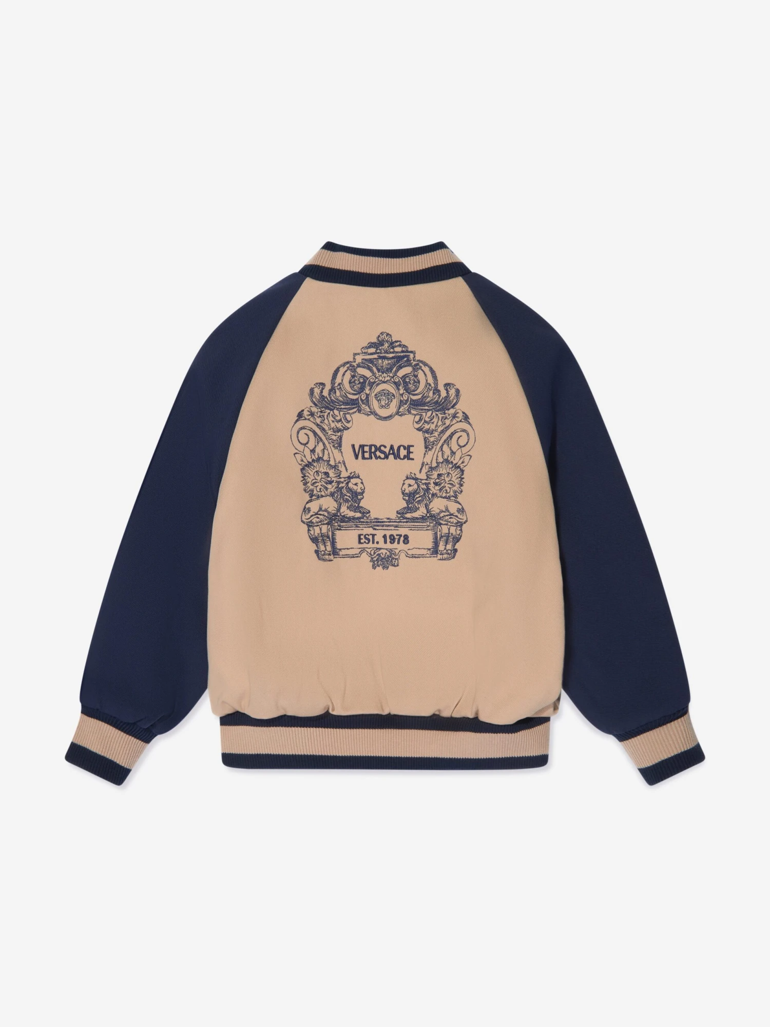 Versace Boys Embroidered Logo Bomber Jacket In Beige 3 Versace Boys Embroidered Logo Bomber Jacket In Beige - Image 3