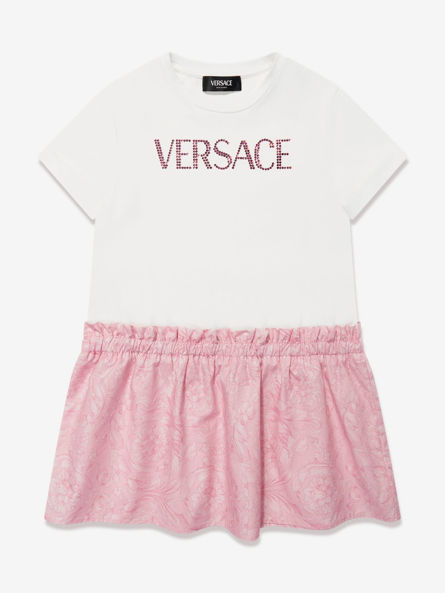 Versace Girls Barocco Diamante Logo Dress In Pink 1 Versace Girls Barocco Diamante Logo Dress In Pink