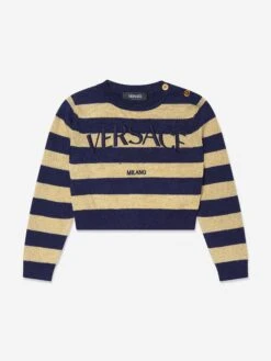 Versace Girls Striped Cropped Jumper In Navy