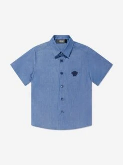 Versace Boys Short Sleeve Chambray Shirt In Blue